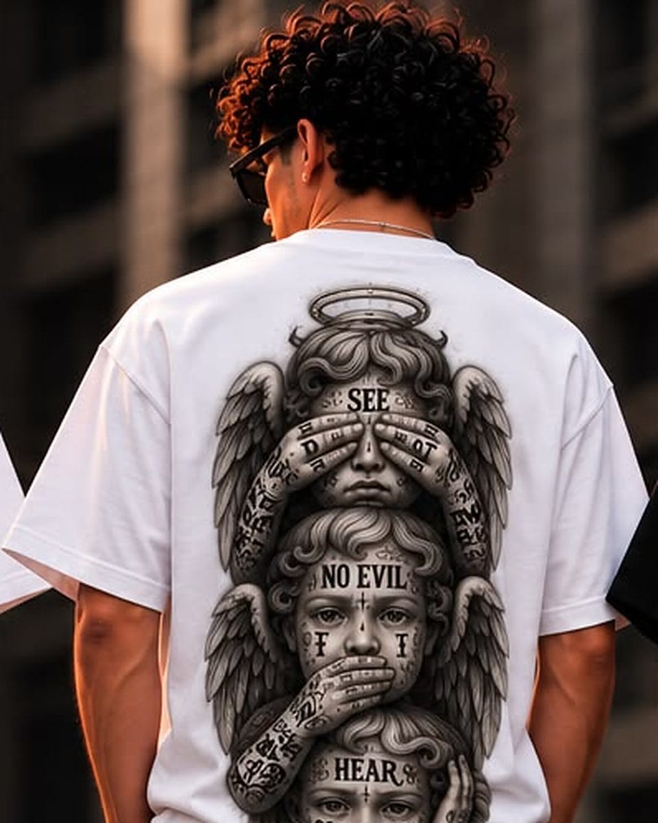 Camiseta oversize blanco, espalda: tres ángeles con halo y tatuajes: «See», «No evil» y «Hear»