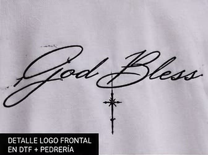 Acercamiento de God Bless: «God Bless» · DTF con pedrería